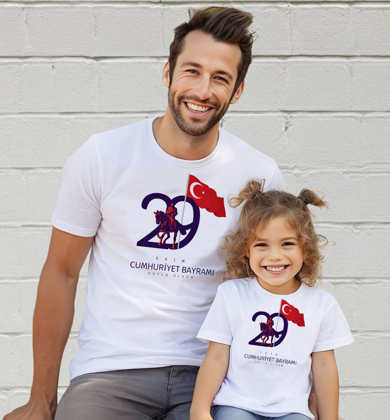 BK Gift 29 Ekim Tasarımlı 2’li Baba-Kız Beyaz Tişört-9, 29 Ekim Hediyesi, Trend Tişört, 100.Yıl Hediyesi