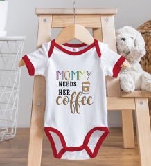 BK Kids Mommy Needs Her Coffe Tasarımlı Kırmızı Bebek Body Zıbın ve Mama Önlüğü Hediye Seti-1