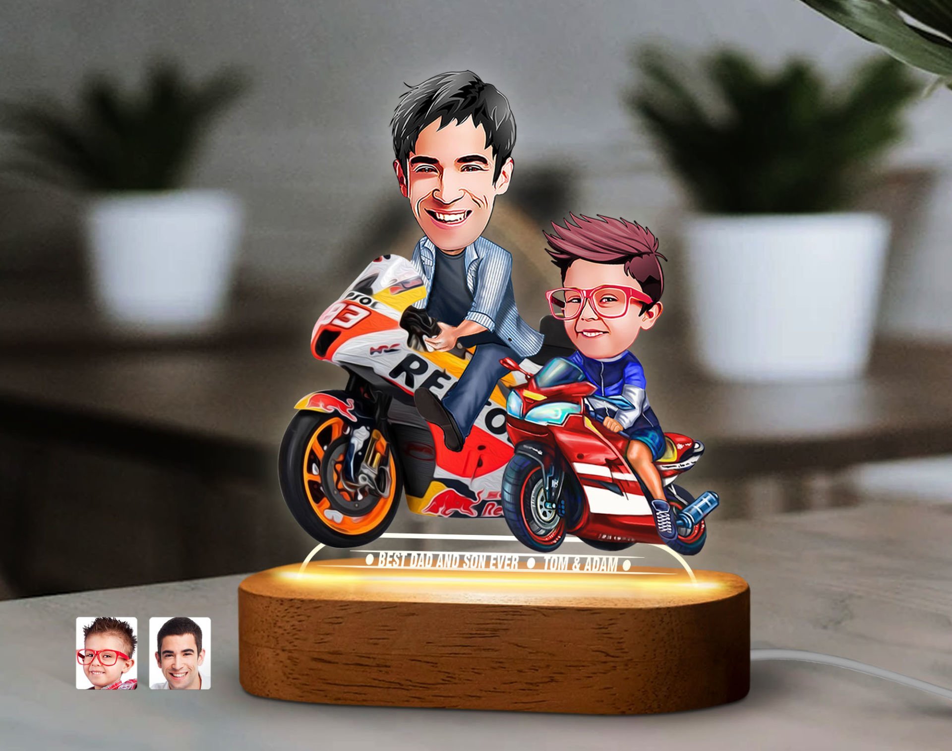 BK Gift Kişiye Özel Baba-Oğul Karikatürlü Dekoratif 3D Biblo LED Işıklı Gece Lambası-4, Babaya Hediye, Babalar Günü Hediyeleri