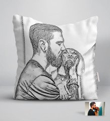 Kişiye Özel Tam Boy Karakalem Köpek ve Erkek Karikatürlü Beyaz Yastık-1
