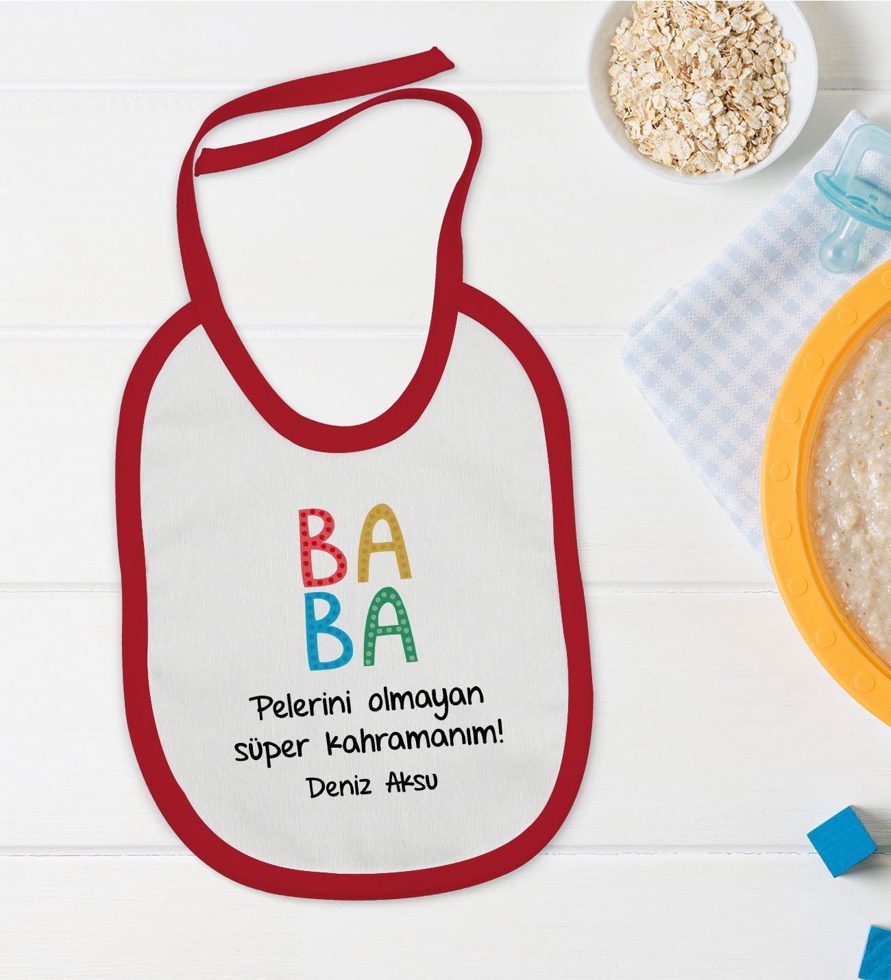 BK Kids Kişiye Özel Baba Tasarımlı Kırmızı Bebek Mama Önlüğü-2