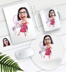 Kişiye Özel Bayan Karikatürlü Defter Kalem Kupa Mouse Pad Seti-23