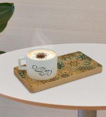 Kişiye Özel Retro Motif Tasarımlı Doğal Ahşap Tabaklı Seramik Fincan Sunum Seti  Model 11