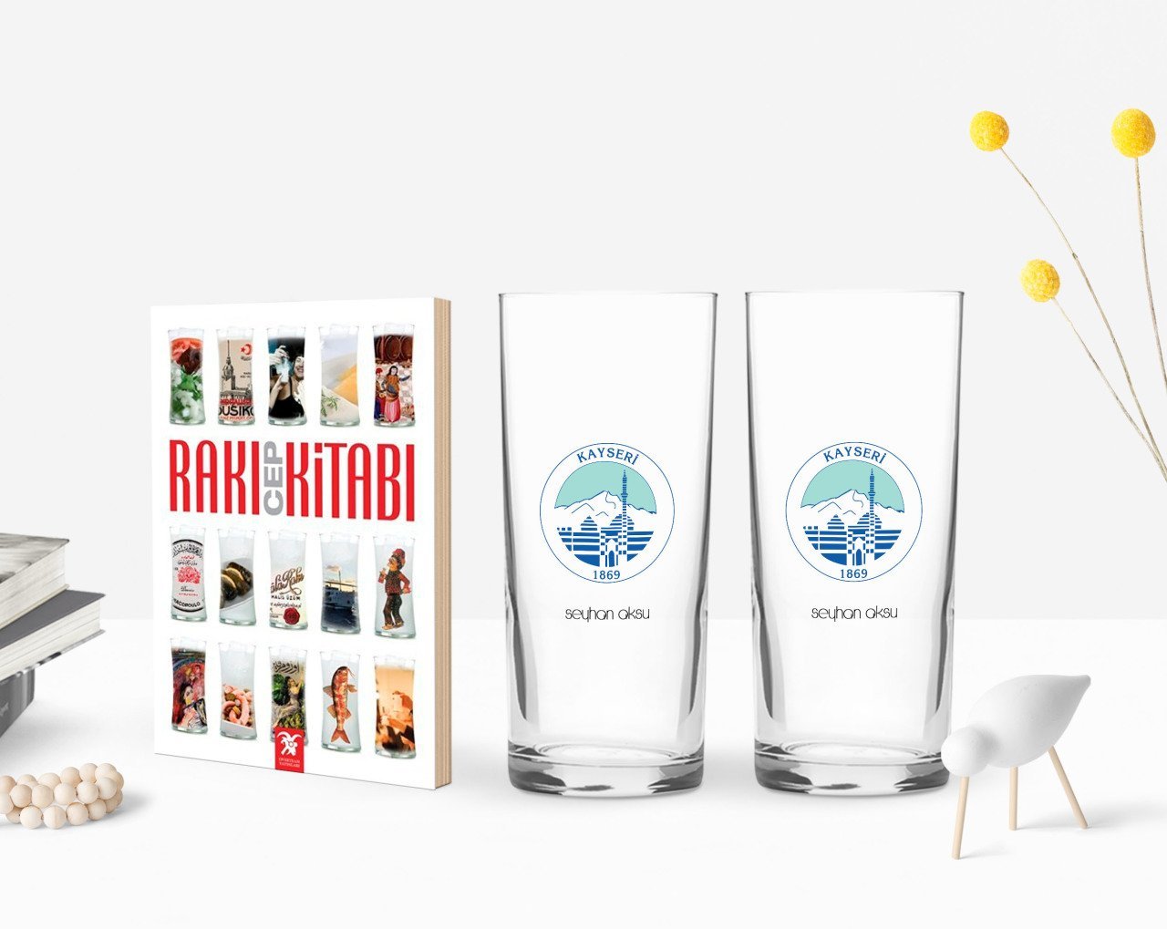 Kişiye Özel Renkli Baskılı Kayseri Tasarımlı Turistik İkili Rakı Bardağı ve Rakı Cep Kitabı Hediye Seti-1