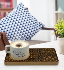 Kişiye Özel Retro Motif Tasarımlı Doğal Ahşap Tabaklı Seramik Fincan Sunum Seti  Model 12