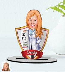 Kişiye Özel İsimli Kadın Göz Doktoru Karikatürlü Ahşap Biblo Model-1