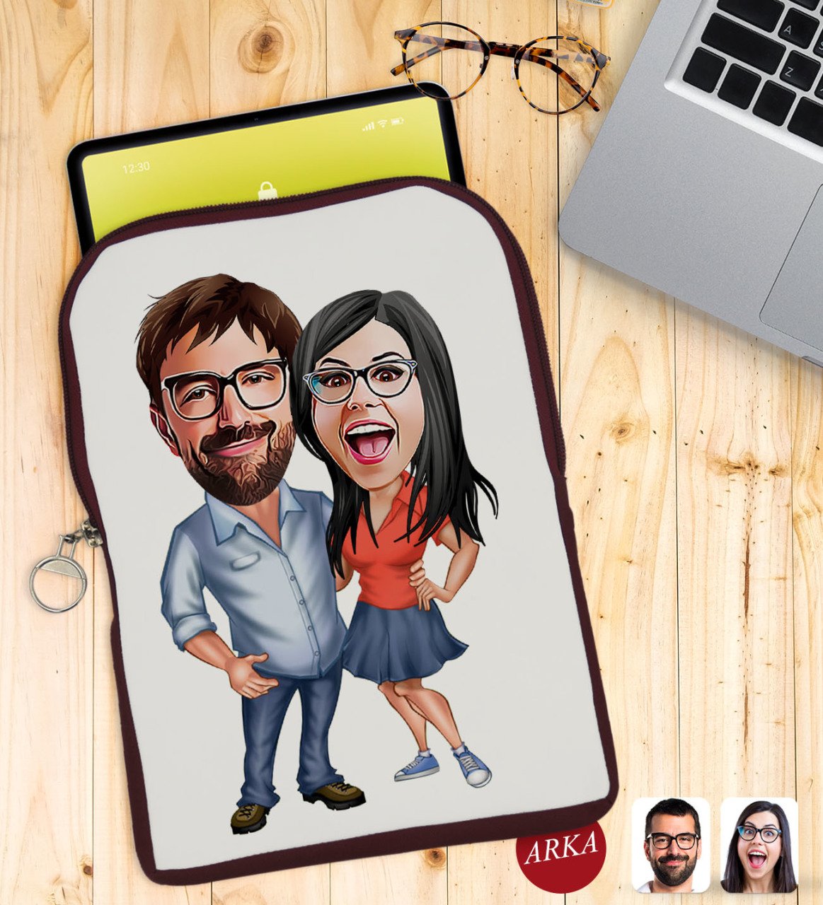 Kişiye Özel Sevgililer Karikatürlü Taşınabilir Koruyucu Tablet Kılıfı & Organizer Çanta - Bordo-105