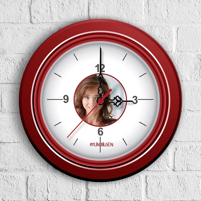 Kişiye Özel Kırmızı Kabartma Çerçeve Tasarımlı Ahşap Duvar Saati (30 cm.)