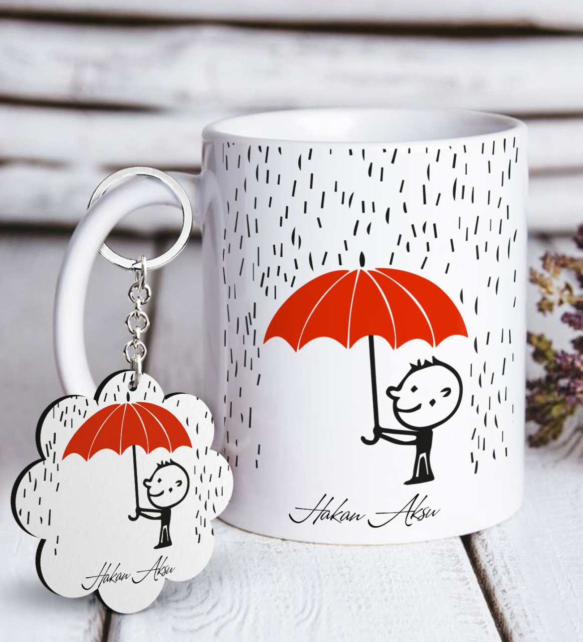 Kişiye Özel Aşık Çöp Adam Beyaz Kupa ve Anahtarlık Hediye Seti-2