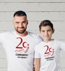 BK Gift 29 Ekim Tasarımlı 2’li Baba-Oğul Beyaz Tişört-4, 29 Ekim Hediyesi, Trend Tişört, 100.Yıl Hediyesi