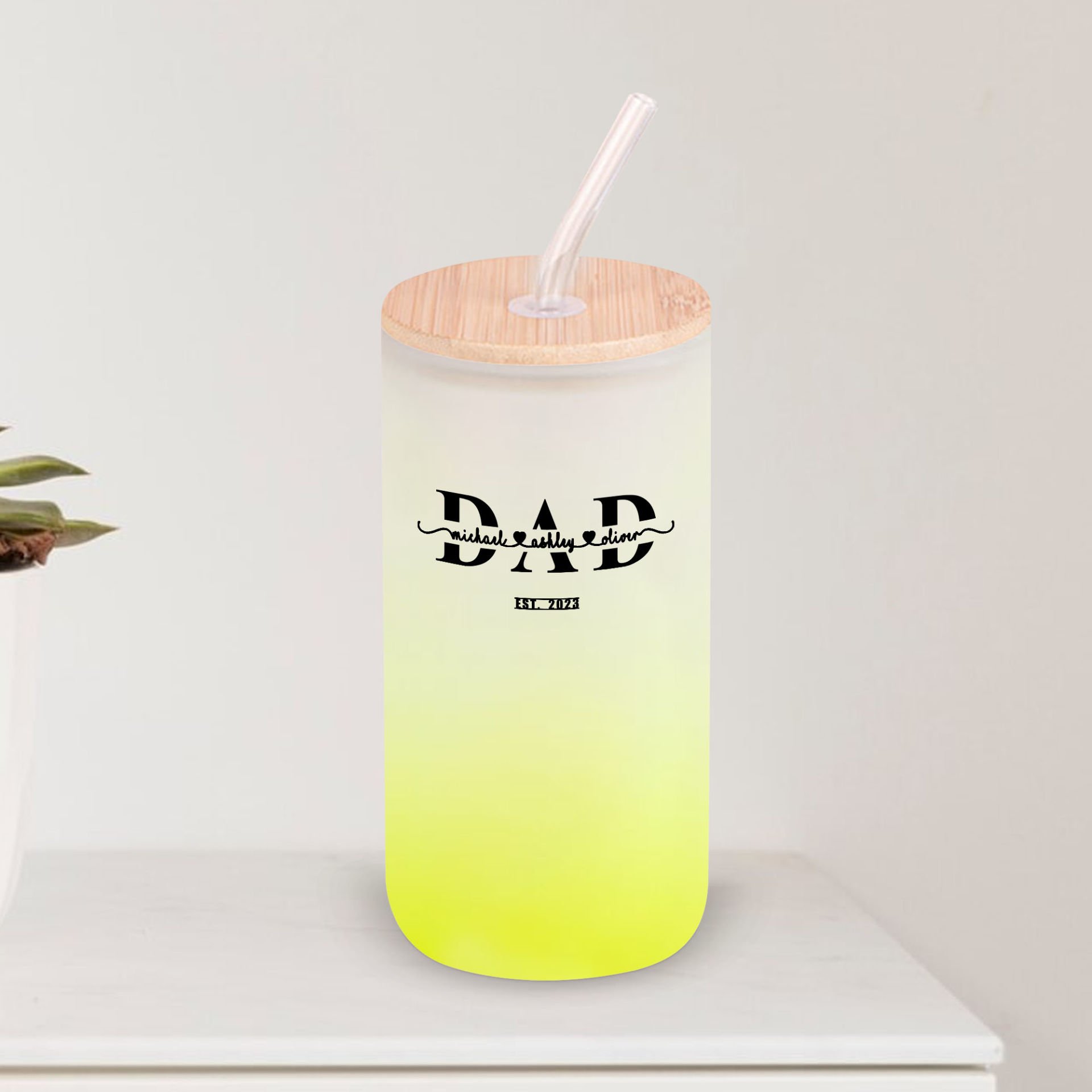 BK Gift İsimli Dad Tasarımlı Sarı Renk Pipetli Buzlu Cam Bardak 600ml - 1, Babaya Hediye, Doğum Günü Hediyesi