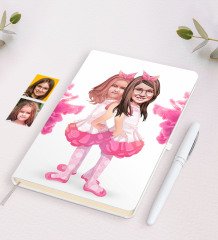 Kişiye Özel Kız Kardeşler Karikatürlü Beyaz Defter ve Kalem Hediye Seti-3