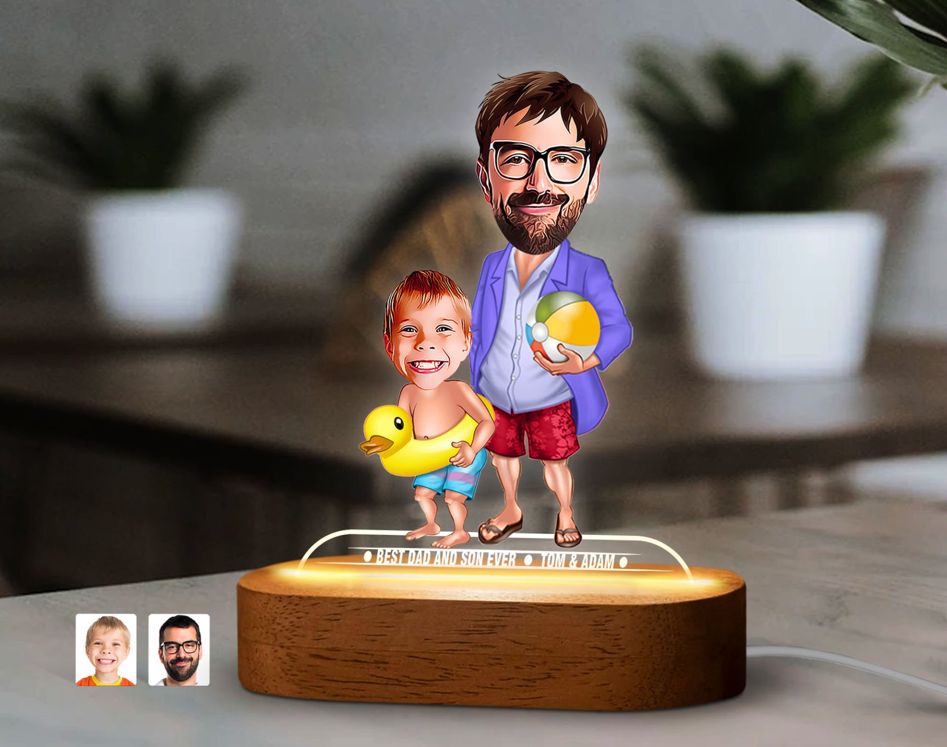 BK Gift Kişiye Özel Baba-Oğul Karikatürlü Dekoratif 3D Biblo LED Işıklı Gece Lambası-9, Babaya Hediye, Babalar Günü Hediyeleri
