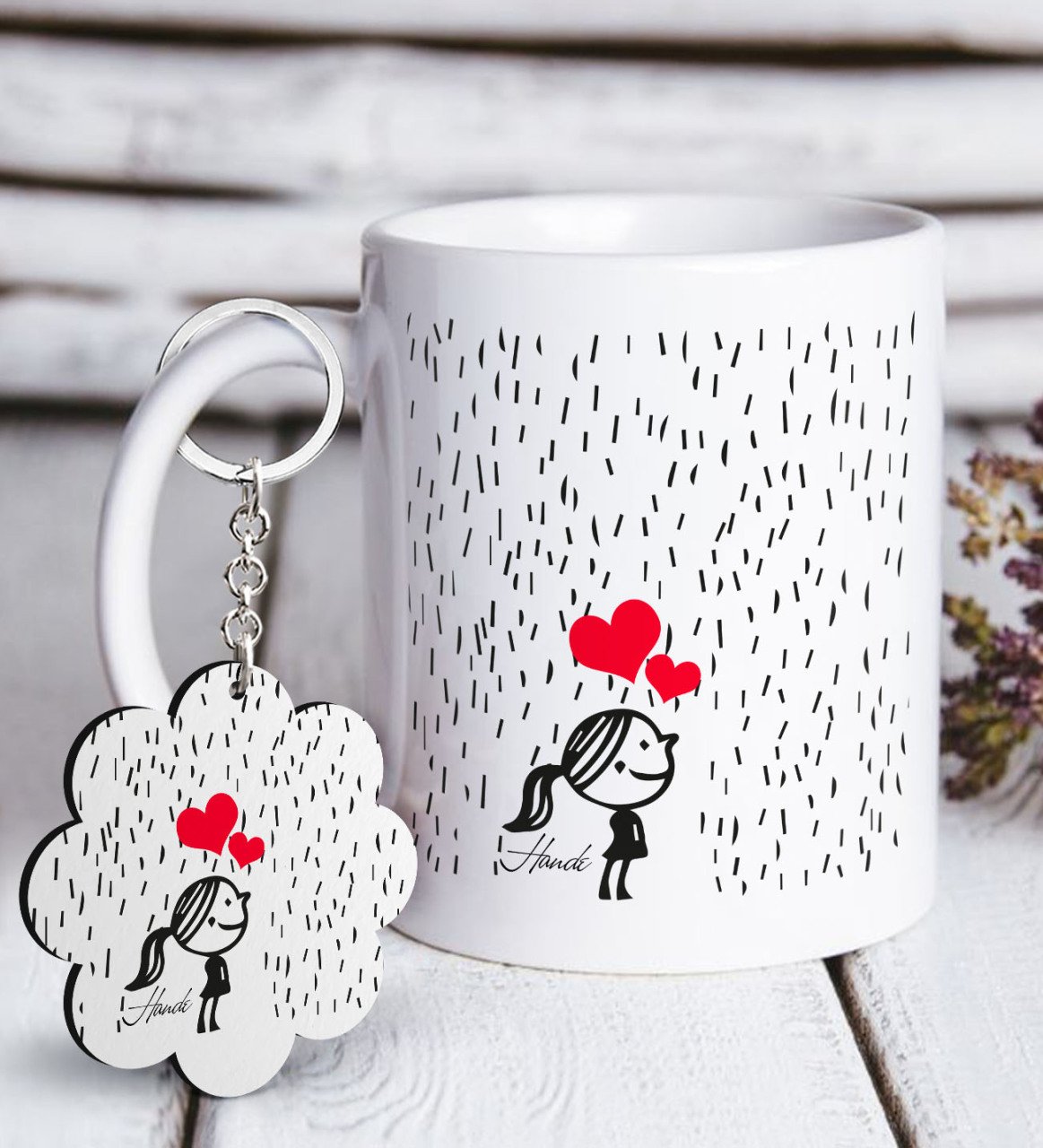 Kişiye Özel Aşık Çöp Kadın Beyaz Kupa ve Anahtarlık Hediye Seti-2