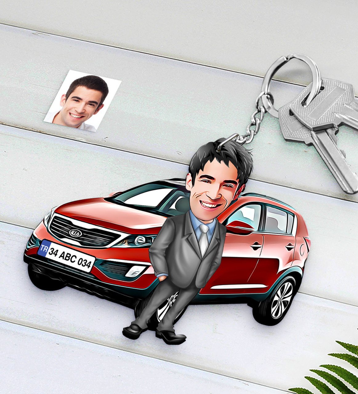 Kişiye Özel Erkek Kia Sportage Figürlü Plakalı Ahşap Karikatür Anahtarlık-1