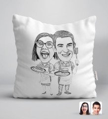 Kişiye Özel Karakalem Aşçı Çift Karikatürlü Beyaz Yastık-1