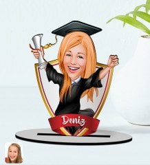 Kişiye Özel İsimli Kadın Mezun Karikatürlü Ahşap Biblo Model-1