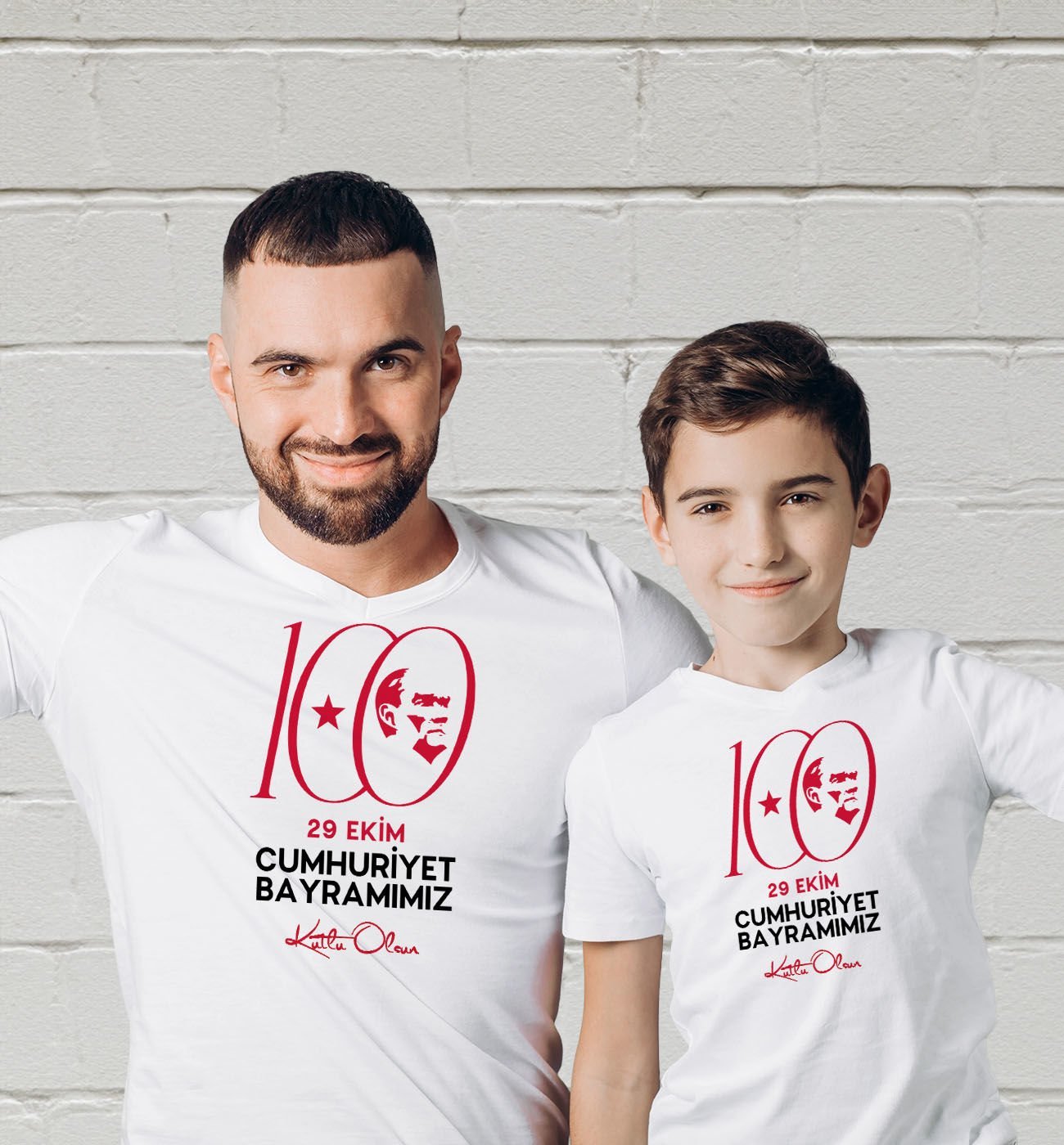 BK Gift 29 Ekim Tasarımlı 2’li Baba-Oğul Beyaz Tişört-7, 29 Ekim Hediyesi, Trend Tişört, 100.Yıl Hediyesi