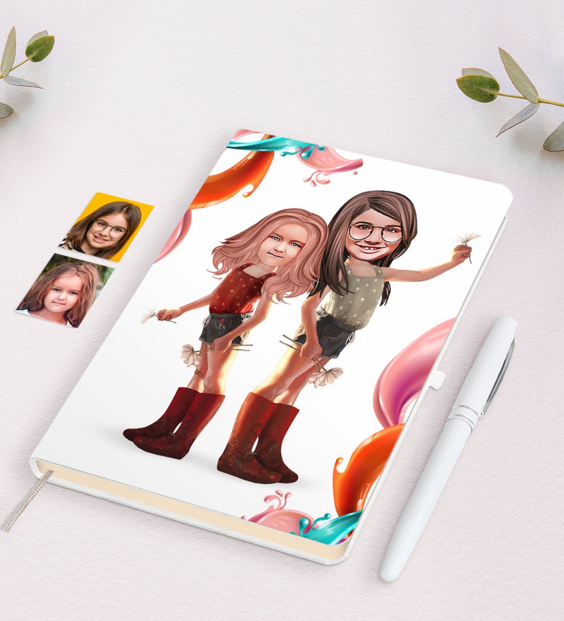 Kişiye Özel Kız Kardeşler Karikatürlü Beyaz Defter ve Kalem Hediye Seti-5