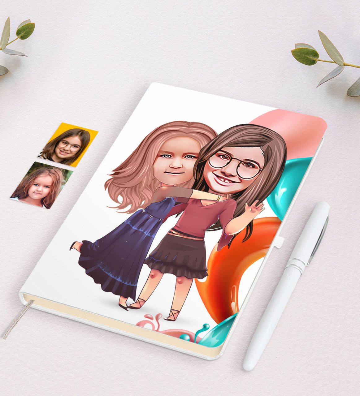 Kişiye Özel Kız Kardeşler Karikatürlü Beyaz Defter ve Kalem Hediye Seti-6