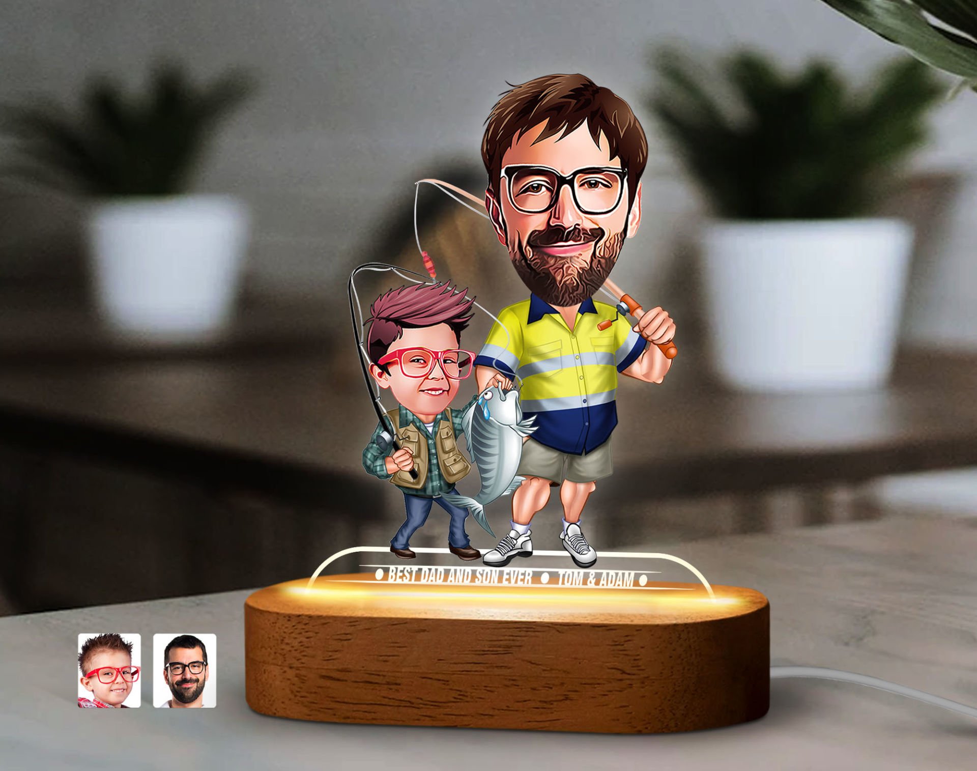BK Gift Kişiye Özel Baba-Oğul Karikatürlü Dekoratif 3D Biblo LED Işıklı Gece Lambası-13, Babaya Hediye, Babalar Günü Hediyeleri