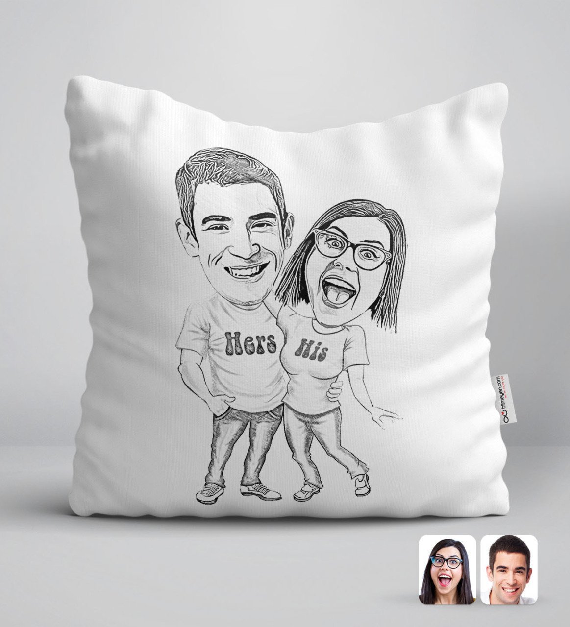 Kişiye Özel Karakalem Sevgililer Karikatürlü Beyaz Yastık-5