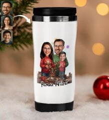 BK Gift Kişiye Özel Aile Yılbaşı Karikatürlü Çelik Termos Bardak - 3, Yılbaşı Hediyesi, Yeni Yıl Hediyesi
