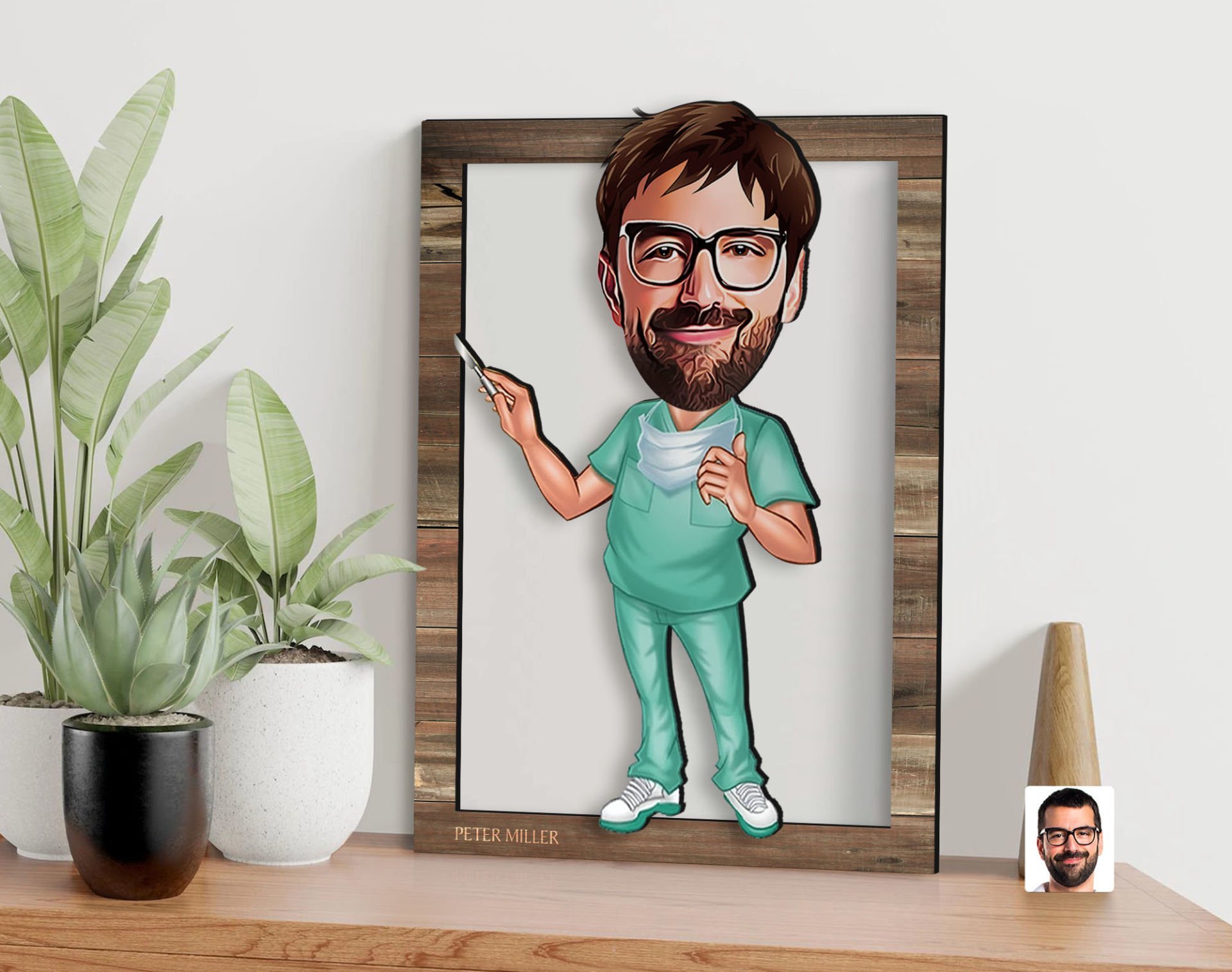 BK Gift Kişiye Özel Cerrah Karikatürlü 3D Ahşap Tablo, Sevgiliye Hediye, Arkadaşa Hediye, Yıl Dönümü Hediyesi, Doğum Günü Hediyesi-1