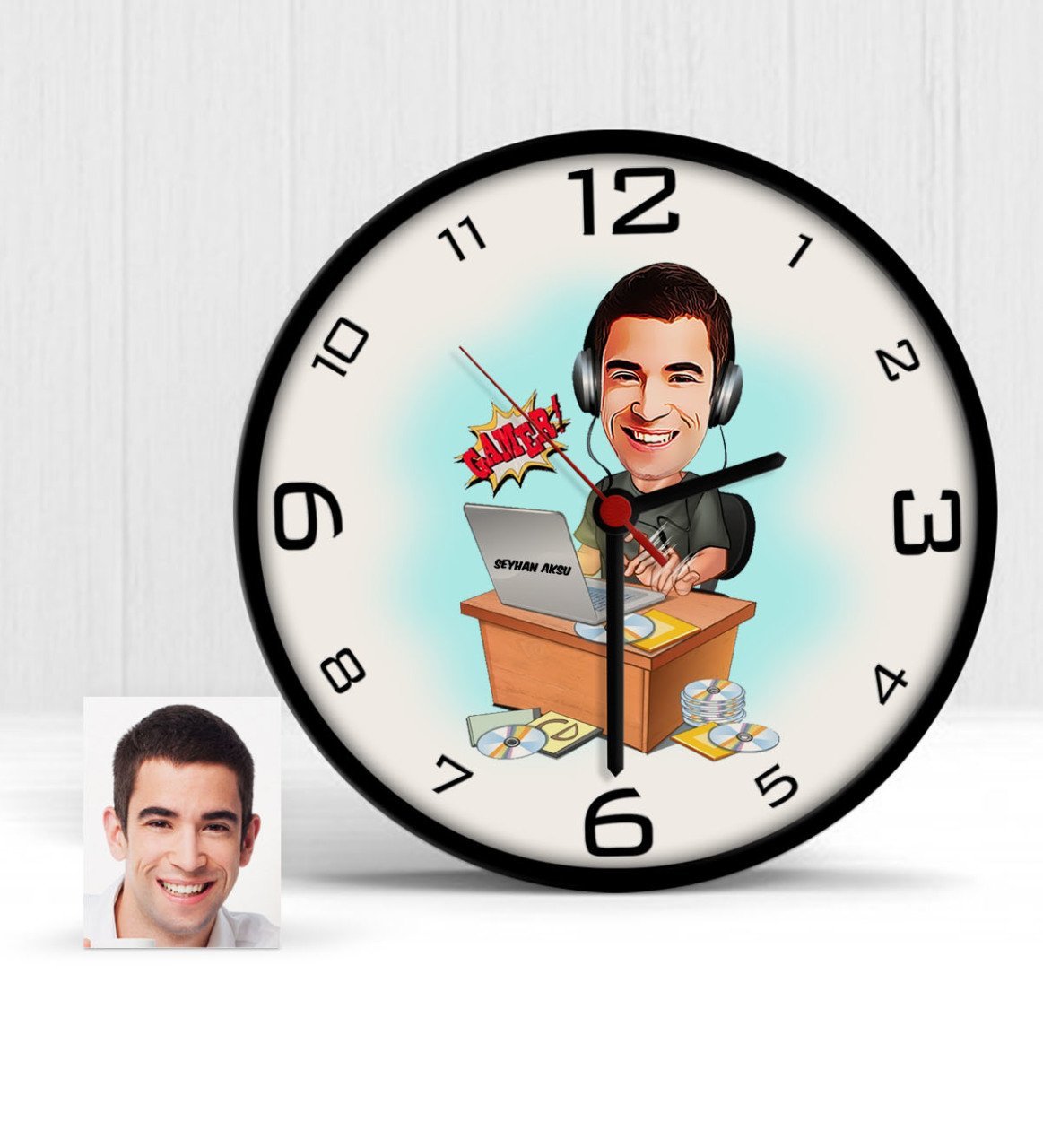 Kişiye Özel Bay Gamer Karikatür Ahşap Duvar Saati - 1