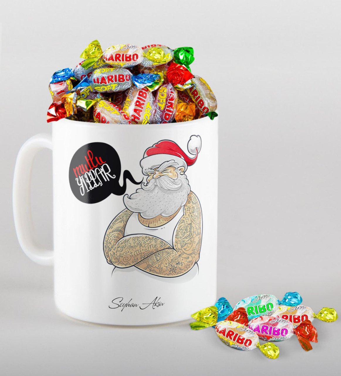 Kişiye Özel Noel Baba Beyaz Kupa ve Haribo Şeker Hediye Seti-4