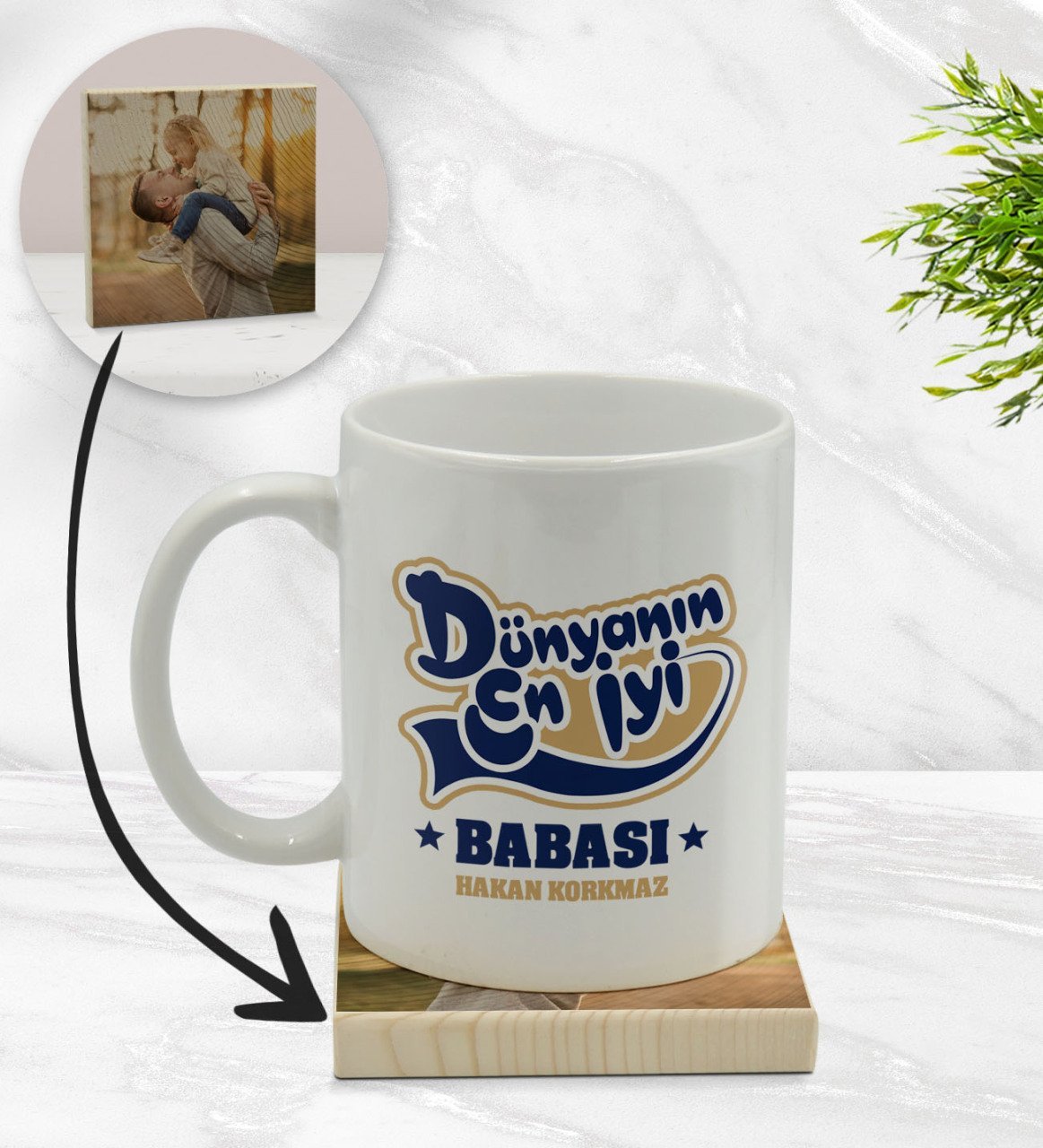 Kişiye Özel Dünyanın En İyi Babası Tasarımlı Beyaz Kupa Bardak ve Ahşap Bardak Altlığı Hediye Seti - Model 2