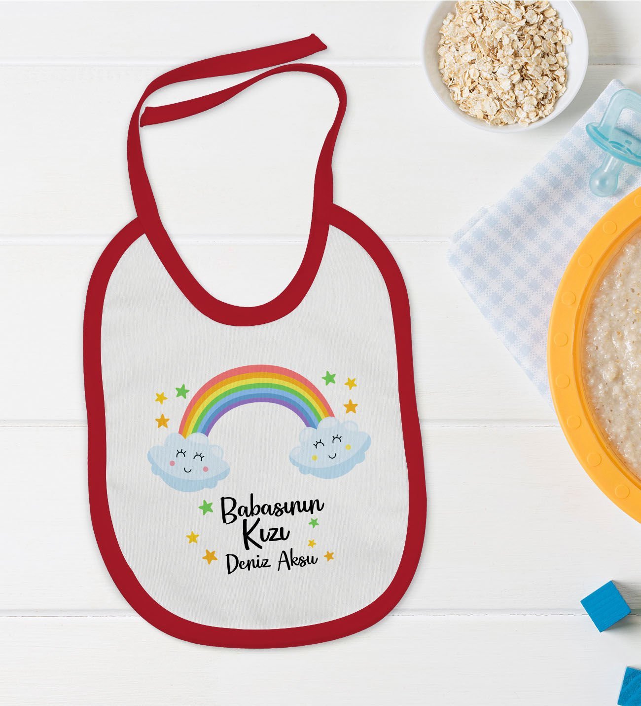 BK Kids Kişiye Özel Babasının Kızı Tasarımlı Kırmızı Bebek Mama Önlüğü-1