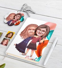 Kişiye Özel Kız Kardeşler Karikatürlü Beyaz Defter Kalem ve Anahtarlık Hediye Seti-6