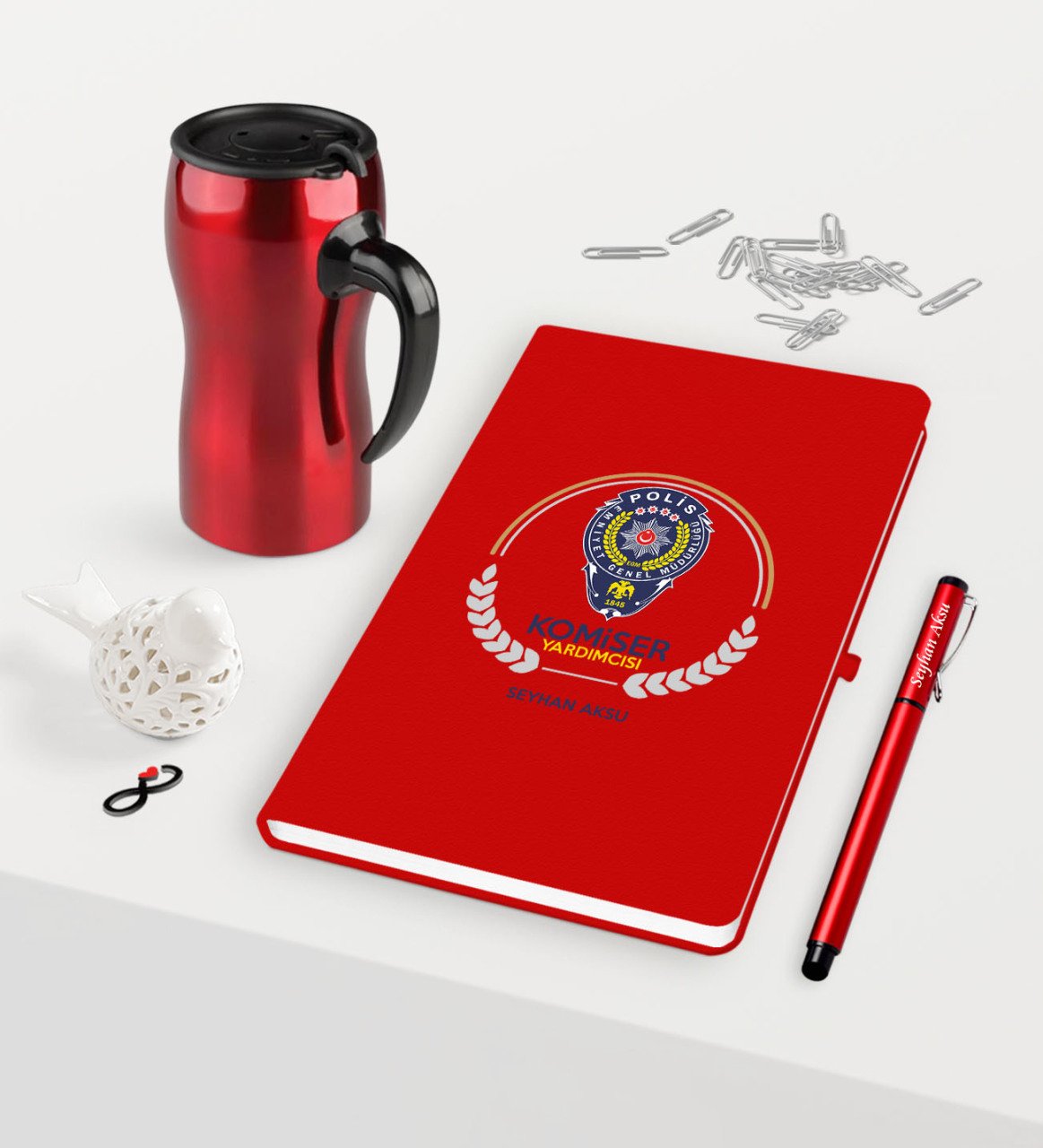 Kişiye Özel Komiser Yardımcısı Temalı Kırmızı Defter Kalem Termos Mug Seti - 2