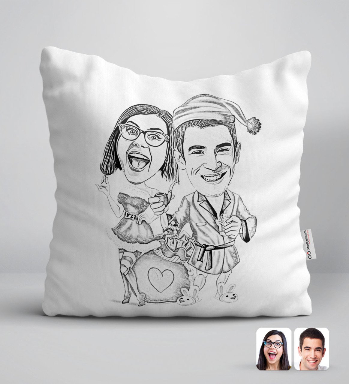 Kişiye Özel Karakalem Yılbaşı Çift Karikatürlü Beyaz Yastık-1