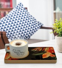 Kişiye Özel Yapraklar Tasarımlı Doğal Ahşap Tabaklı Seramik Fincan Sunum Seti  Model 11