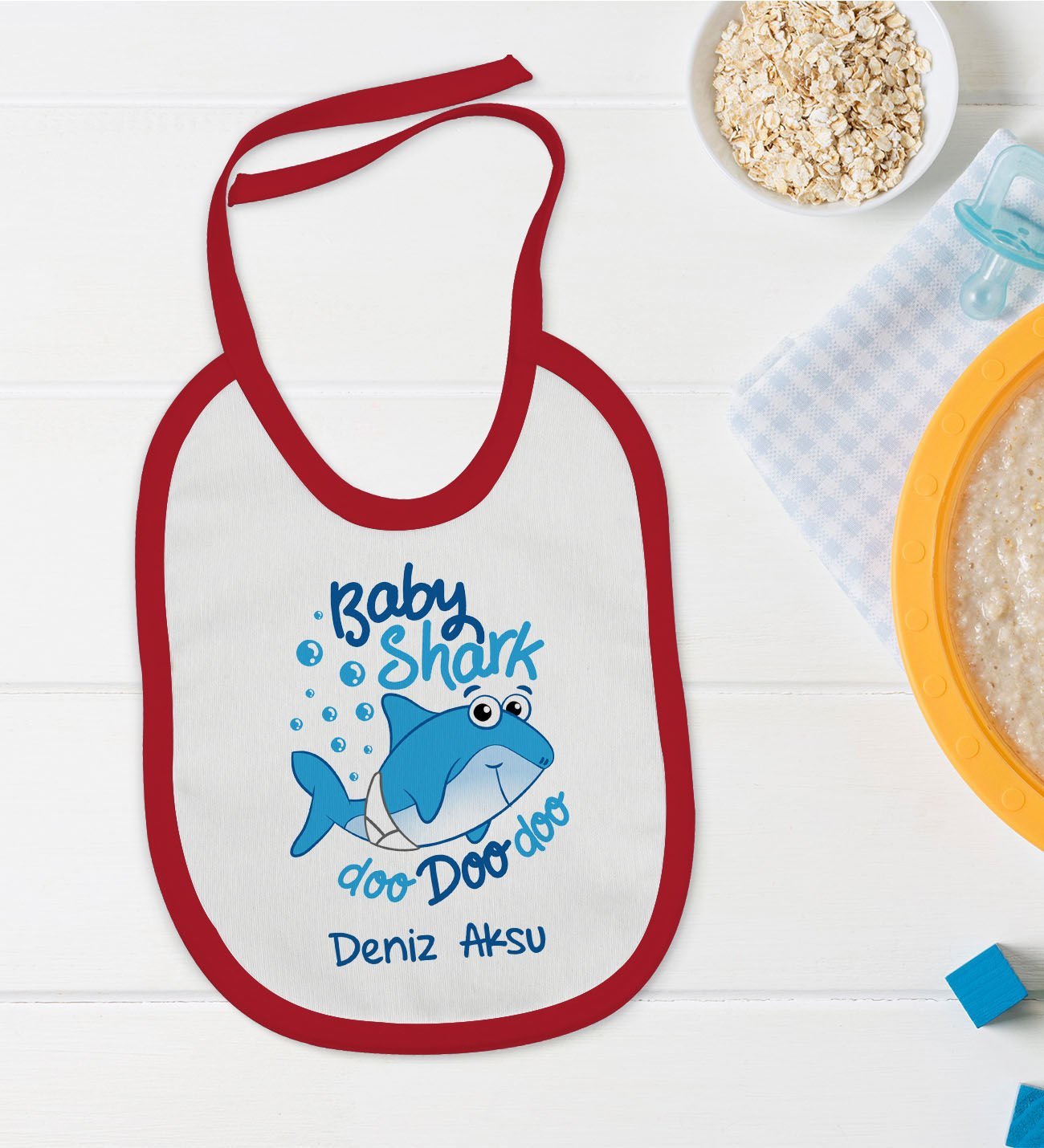 BK Kids Kişiye Özel Baby Shark Tasarımlı Kırmızı Bebek Mama Önlüğü-1