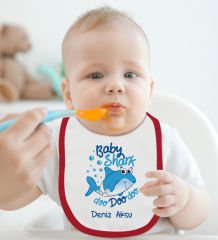 BK Kids Kişiye Özel Baby Shark Tasarımlı Kırmızı Bebek Mama Önlüğü-1