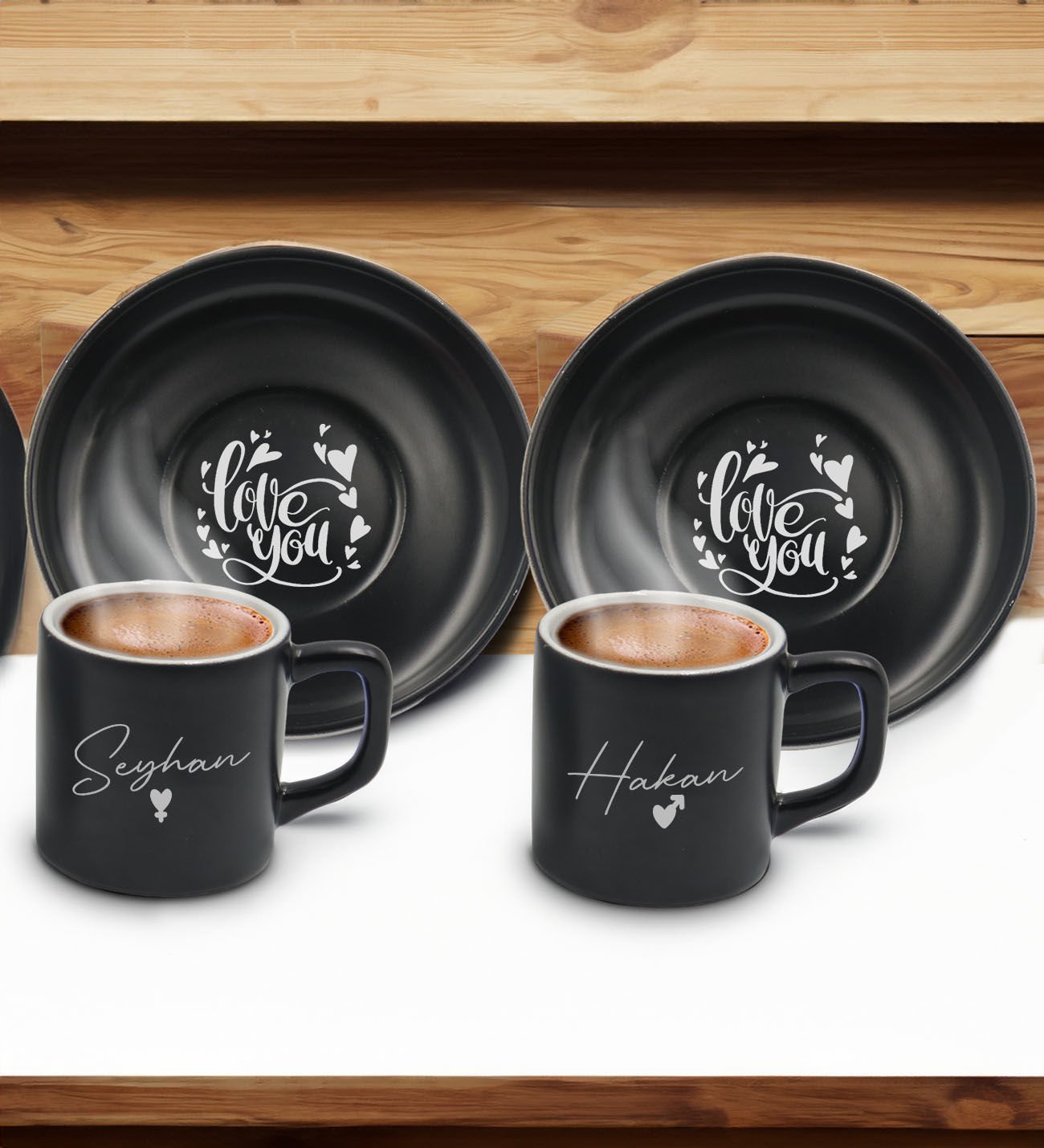 BK Gift Sevgililere Özel İsimli Siyah Renk İkili Türk Kahvesi Fincanı-4, Sevgiliye Hediye, Sevgililer Günü, Yıl Dönümü Hediyesi