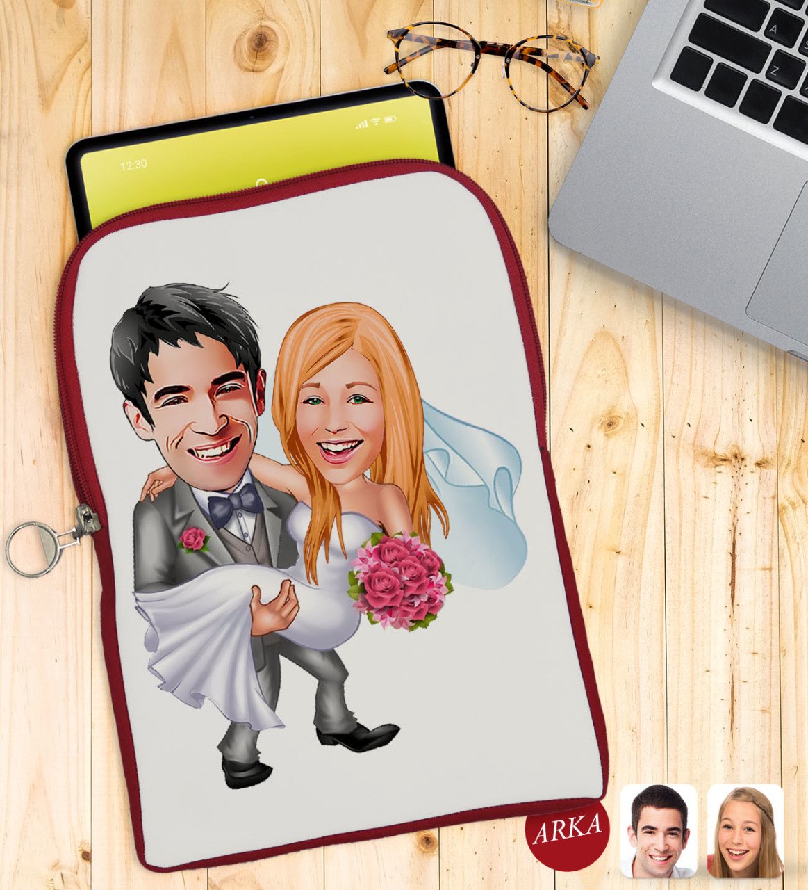 Kişiye Özel Evleniyoruz Karikatürlü Taşınabilir Koruyucu Tablet Kılıfı & Organizer Çanta - Kırmızı-7