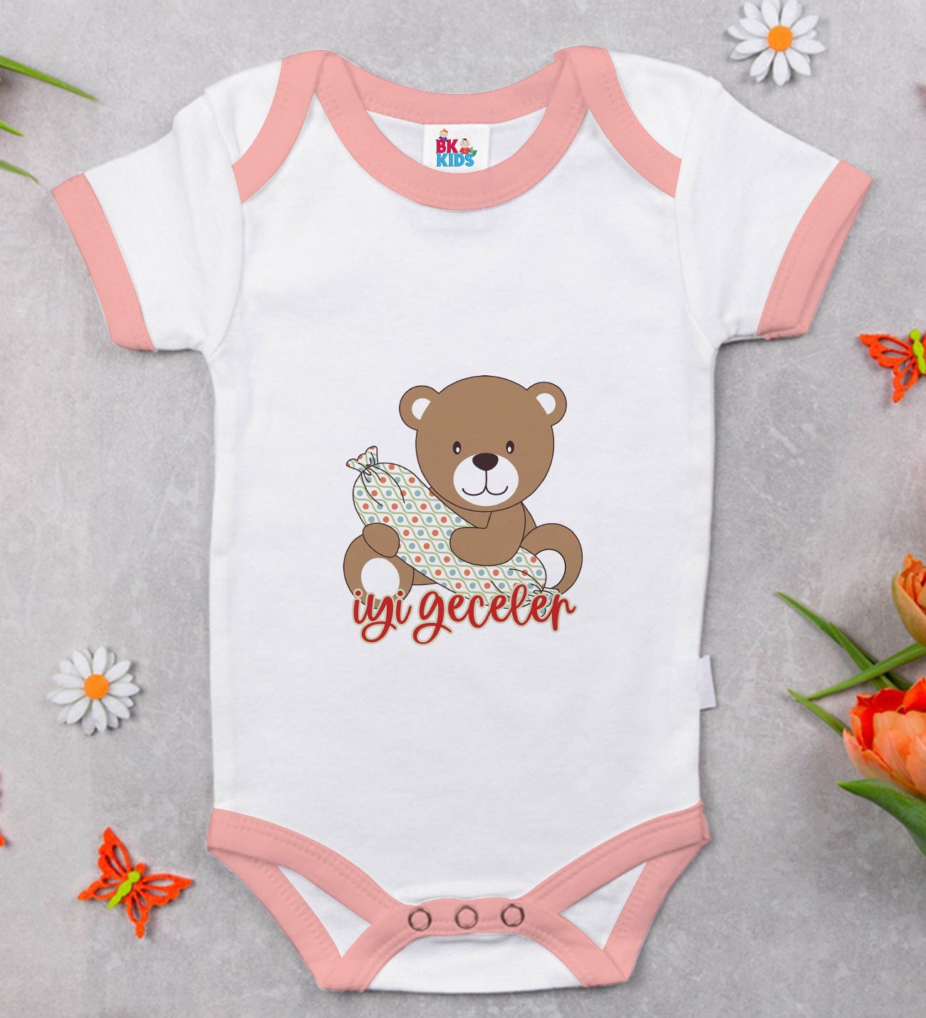BK Kids Sevimli Ayıcık Tasarımlı Pembe Bebek Body Zıbın-1