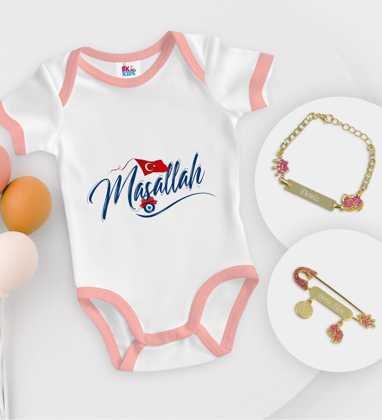 BK Kids Kişiye Özel Maşallah Tasarımlı Pembe Bebek Body Zıbın Kız Bebek Künyesi ve İğnesi Hediye Seti-3