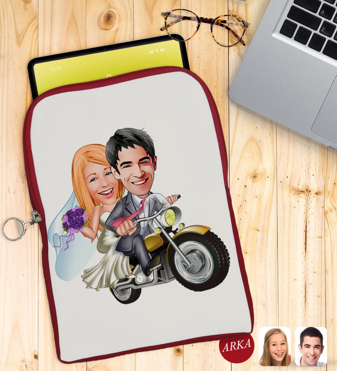 Kişiye Özel Evleniyoruz Karikatürlü Taşınabilir Koruyucu Tablet Kılıfı & Organizer Çanta - Kırmızı-8