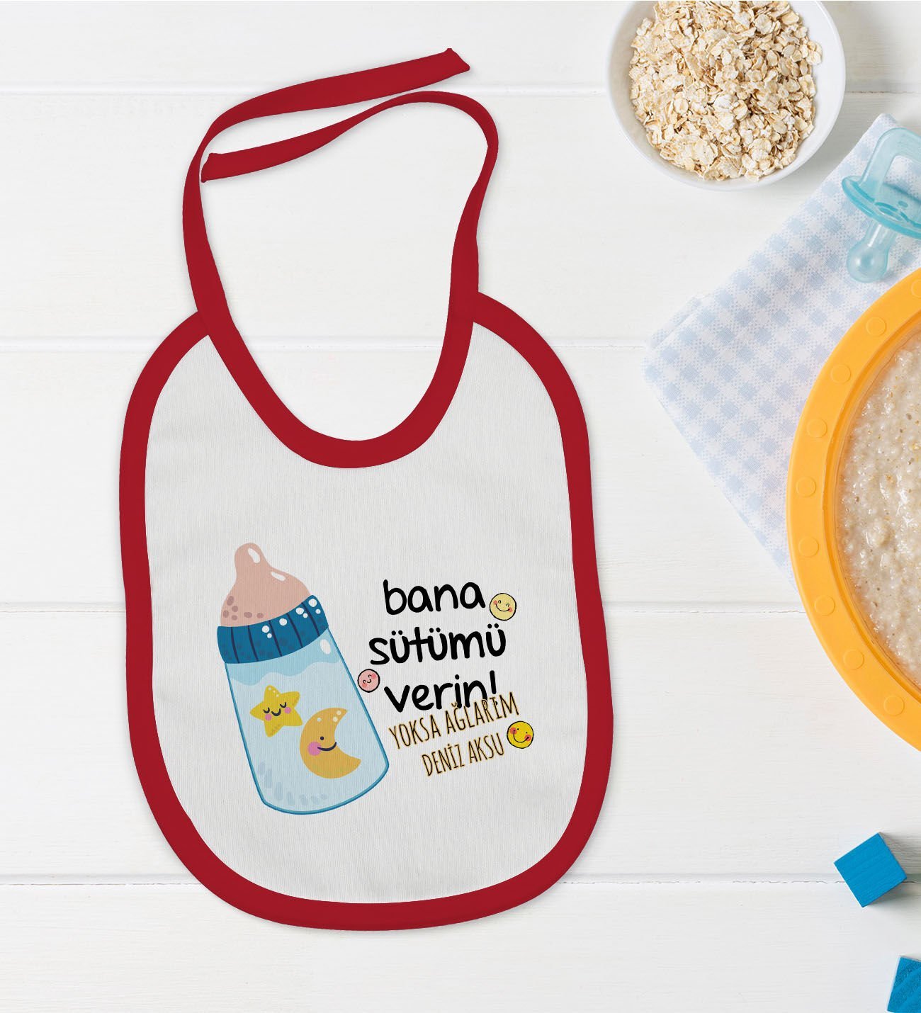 BK Kids Kişiye Özel Bana Sütümü Verin Tasarımlı Kırmızı Bebek Mama Önlüğü-1