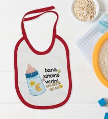 BK Kids Kişiye Özel Bana Sütümü Verin Tasarımlı Kırmızı Bebek Mama Önlüğü-1