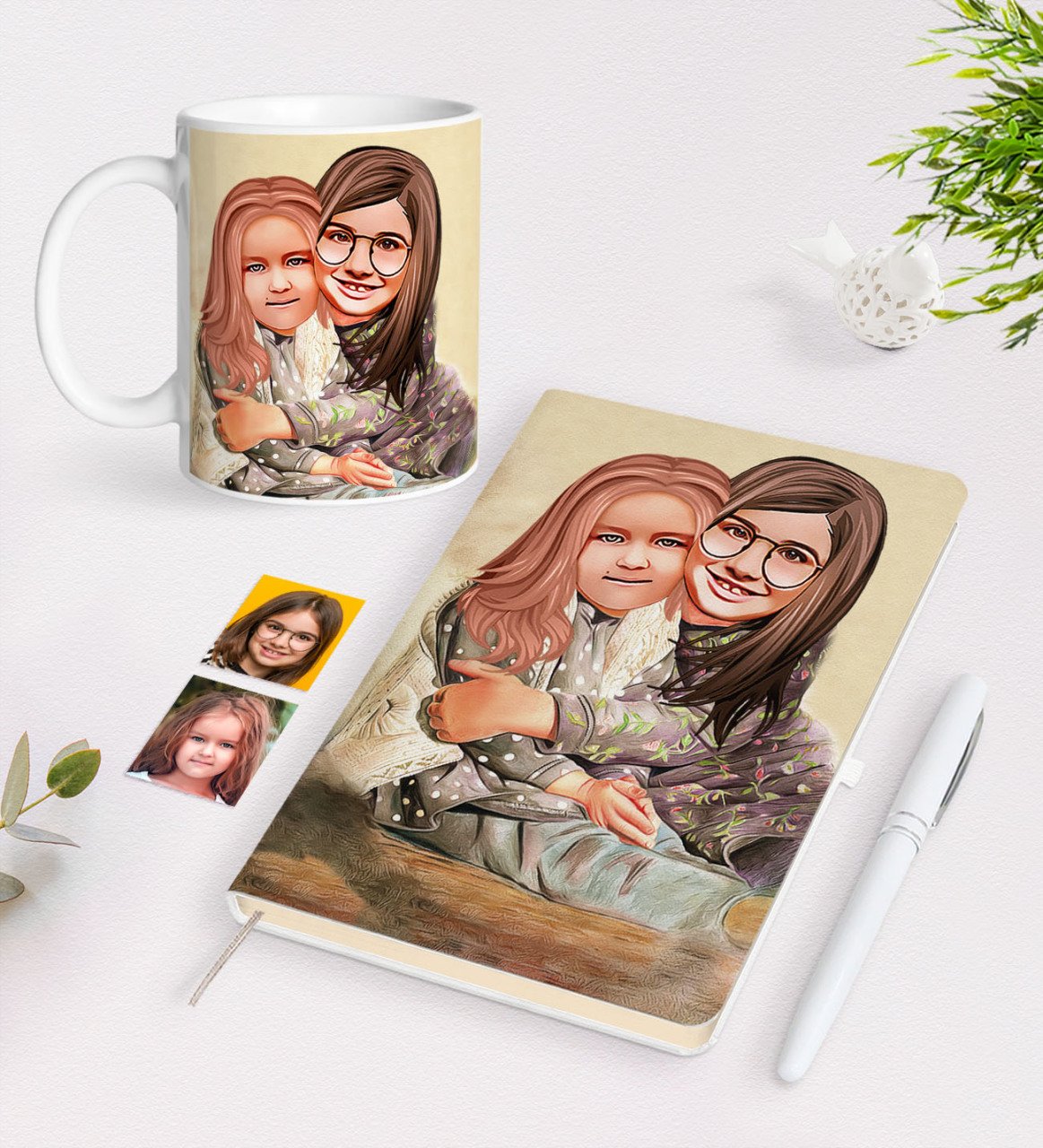 Kişiye Özel Kız Kardeşler Karikatürlü Beyaz Defter Kalem ve Kupa Hediye Seti-4