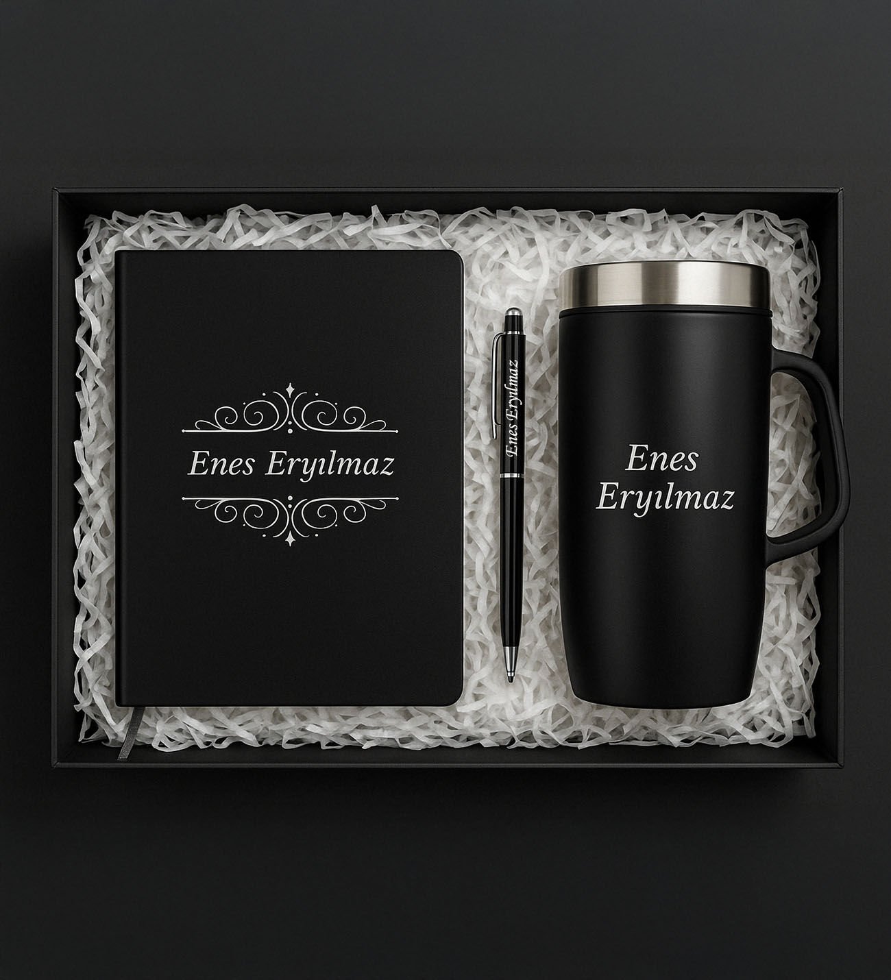 BK Gift Kişiye Özel Siyah Kalem&Termos Mug&Kalem Hediye Seti-1, Arkadaşa Hediye, Yeni İş Hediyesi