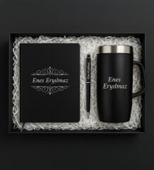 BK Gift Kişiye Özel Siyah Kalem&Termos Mug&Kalem Hediye Seti-1, Arkadaşa Hediye, Yeni İş Hediyesi
