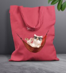 BK Gift Kedi Tasarımlı-2 Kırmızı Kumaş Bez Çanta, Baskılı Omuz Çantası, Alışveriş Çantası, Arkadaşa Hediye