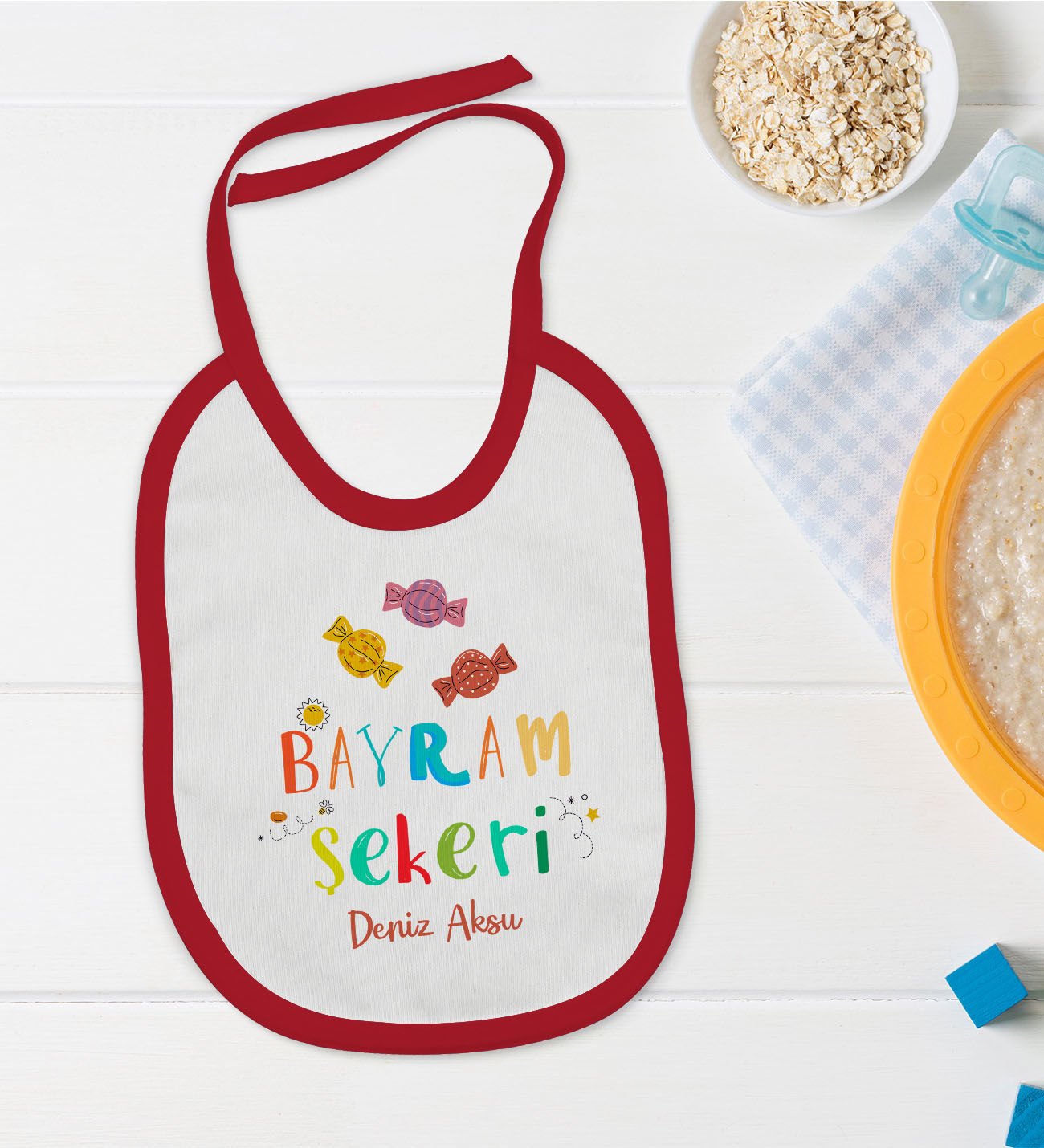 BK Kids Kişiye Özel Bayram Şekeri Tasarımlı Kırmızı Bebek Mama Önlüğü-1